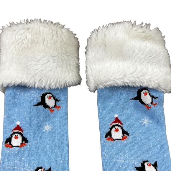 Festive Christmas Penguin Toe Socks in Blue with White Fluffy Fringe Snowflakes - Picture 3 of 10
